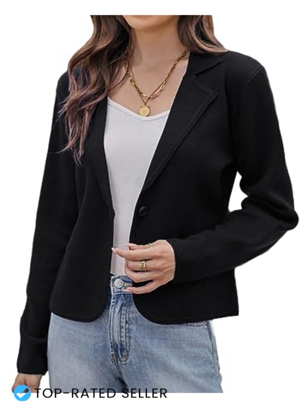 Women's Cropped Knit Sweater Blazer Button Front Notch Collar Work Office